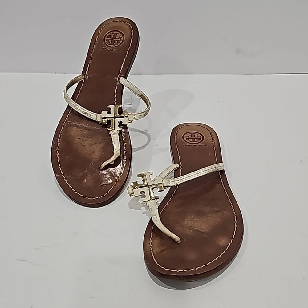 Tory Burch Thong Sandal Logo White Leather Size 8M flats